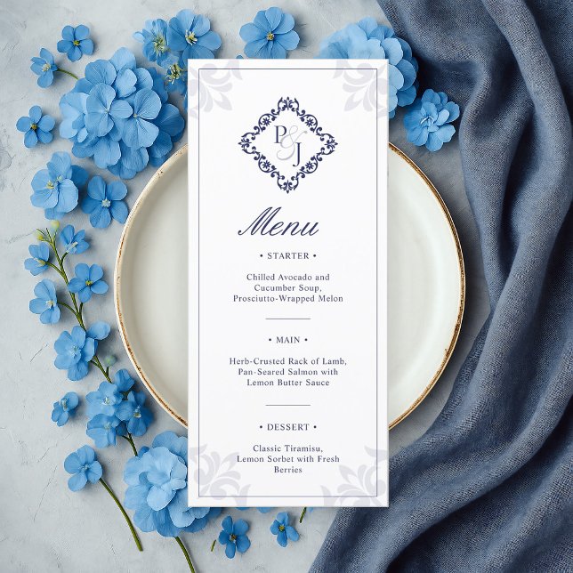 Classic Navy Blue Wedding Menu Card Menükarte (Von Creator hochgeladen)