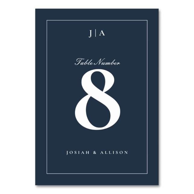 Classic Navy Blue Wedding Tischnummer (Vorderseite)