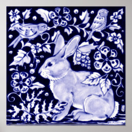 Classic Navy Blue, White Rabbit Birds Dedham Delft Poster