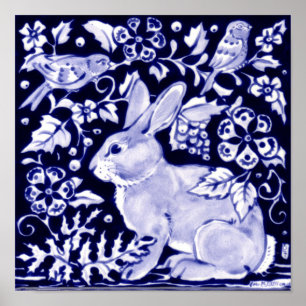 Classic Navy Blue, White Rabbit Birds Dedham Delft Poster
