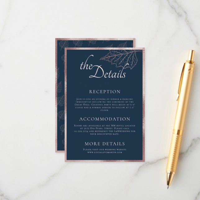Classic Navy Matt Rose Gold Blätter Hochzeitsdetai Begleitkarte (Vorderseite/Rückseite Beispiel)