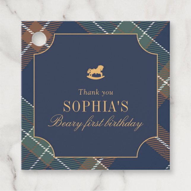 Classic Navy Plaid Teddy Bear Girl Birthday Geschenkanhänger (Vorderseite)