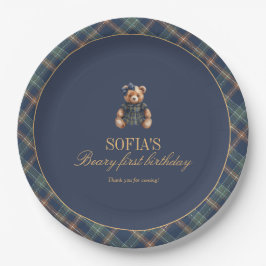 Classic Navy Plaid Teddy Bear Girl Birthday  Pappteller