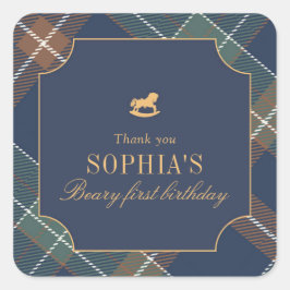 Classic Navy Plaid Teddy Bear Girl Birthday Quadratischer Aufkleber