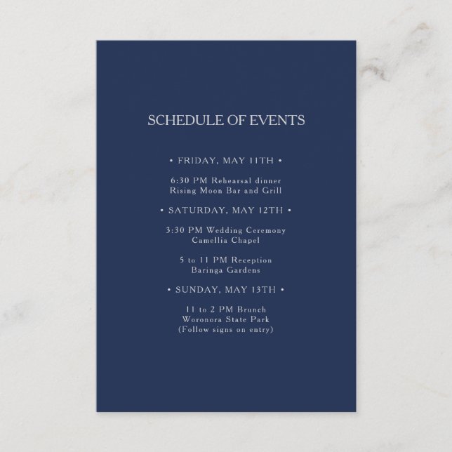Classic Navy Silver Wedding Schedule of Events Begleitkarte (Vorderseite)