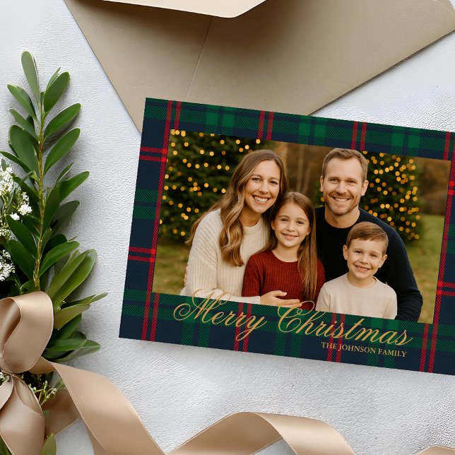 Classic Navy Tartan Plaid Photo Christmas Card Einladung (Share your holiday joy with this Classic Plaid Merry Christmas Family Photo Card)