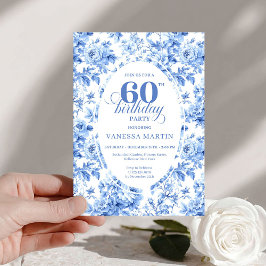 Classic Navy Toile Roses 60th Birthday Invite Einladung