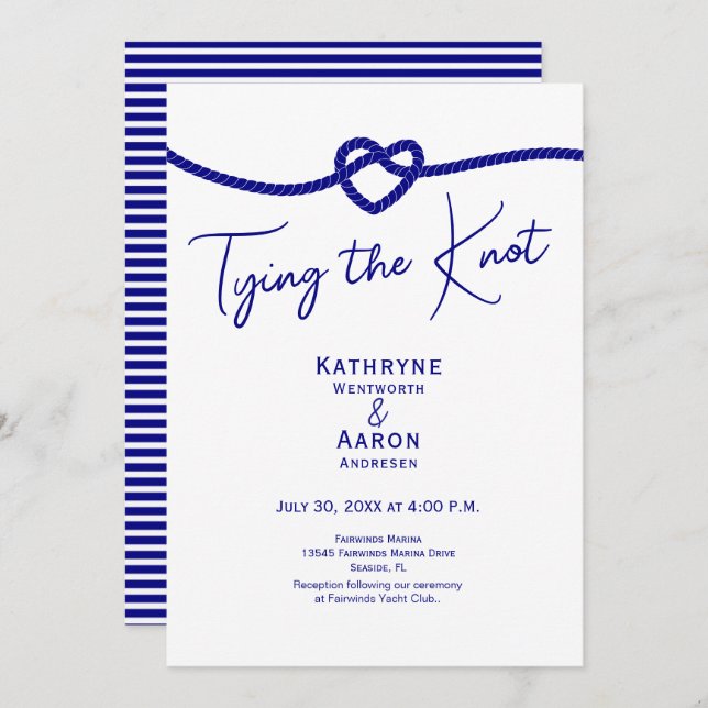 Classic Navy White Stripes Tying the Knot Wedding  Einladung (Vorne/Hinten)