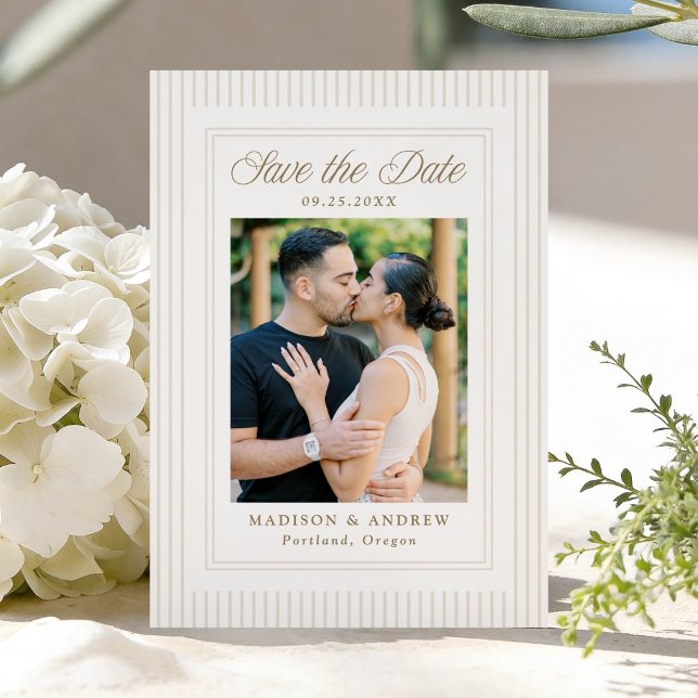 Classic Neutral Stripes Photo Wedding Save The Date (Von Creator hochgeladen)