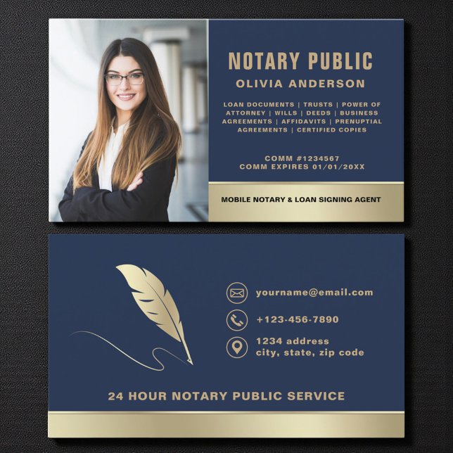 Classic Notary Public Navy Blue & Gold Photo Visitenkarte (Von Creator hochgeladen)