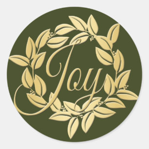 Classic Olive and Gold Bay Leaf Joy Wreath Runder Aufkleber