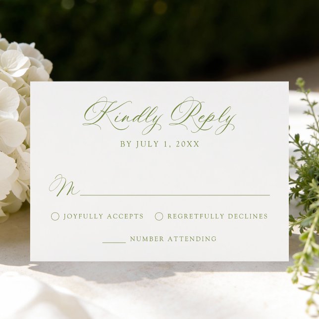 Classic Olive Green Calligraphy Wedding RSVP Karte (Von Creator hochgeladen)