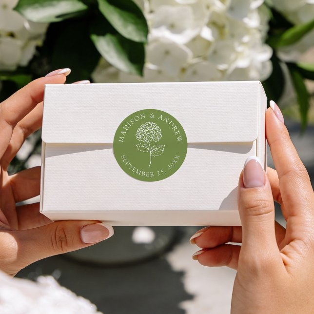 Classic Olive Green Hydrangea Wedding Runder Aufkleber (Von Creator hochgeladen)