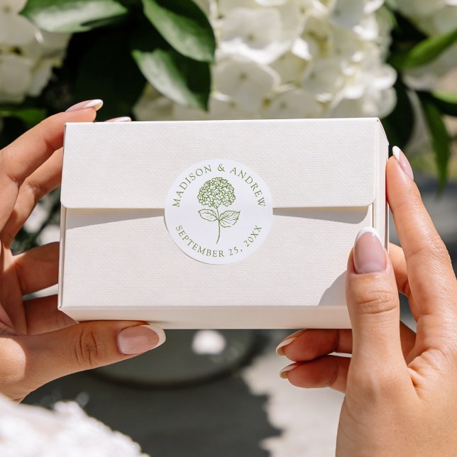 Classic Olive Green Hydrangea Wedding Runder Aufkleber (Von Creator hochgeladen)