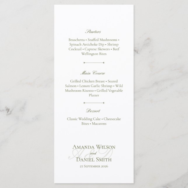 Classic Olive Wedding Menu Menükarte (Vorderseite)