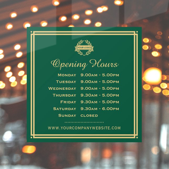 Classic Opening Hours Business Logo Green Gold Fensteraufkleber (Von Creator hochgeladen)