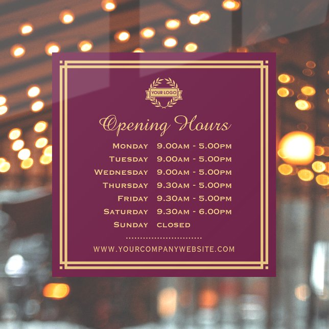 Classic Opening Hours Business Logo Plum Gold Fensteraufkleber (Von Creator hochgeladen)
