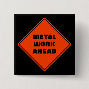 Classic orange road sign metal work ahead button