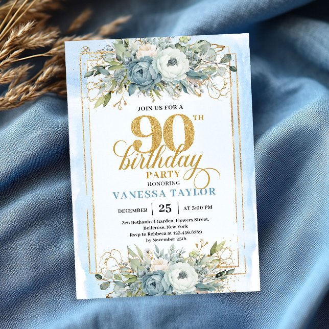 Classic pastel blue gold script 90th birthday  einladung (Classic pastel blue gold script 90th birthday invitation)