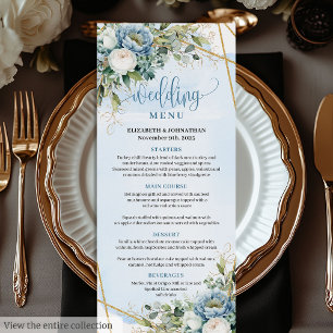 Classic Pastel Blue Peonies Gold Glitzer Dinner Menükarte