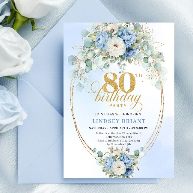 Classic Pastel Blue Peony Greenery 80th Birthday Einladung (Classic Pastel Blue Peony Greenery 80th Birthday)