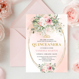 Classic Pastel Pink Rose Gold Quinceañera Invite Einladung