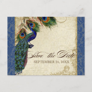 Classic Peacock Feathers Navy Blue Save the Date Ankündigungspostkarte