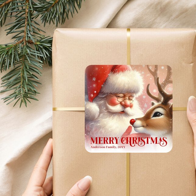 Classic Personalized Santa Rudolph Christmas Kids Quadratischer Aufkleber (Classic Personalized Santa Rudolph Christmas Sticker)