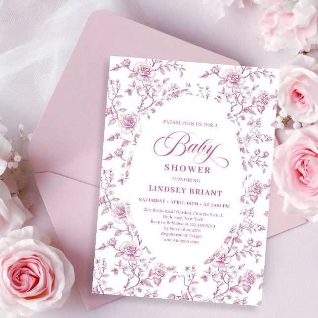 Classic Pink and White Roses Toile Baby Shower  Einladung (Classic Pink and White Roses Toile Baby Shower Invitation)