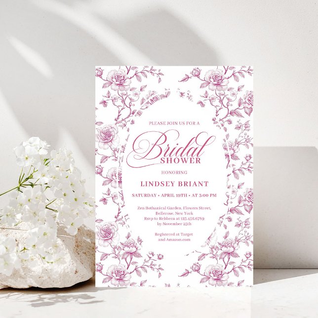 Classic Pink and White Roses Toile Bridal Shower  Einladung (Classic Pink and White Roses Toile Bridal Shower Invite)