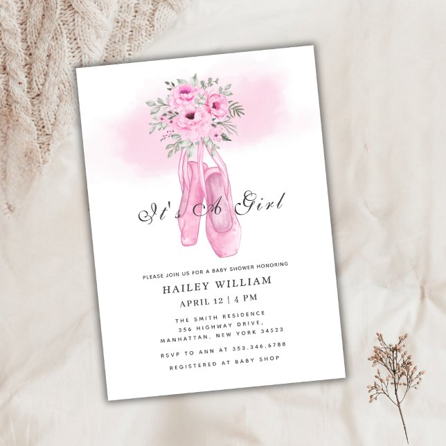 Classic Pink Floral Ballerina Shoes Baby Shower  Einladung (Classic Pink Floral Ballerina Shoes Baby Shower Invitation)