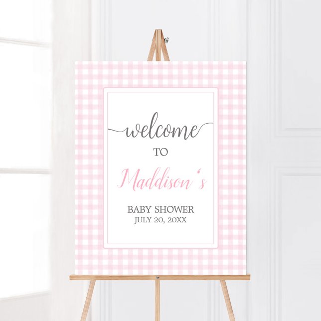 Classic Pink Gingham Baby Dusche Willkommen Poster (Girl Gingham Baby Shower Welcome Sign)