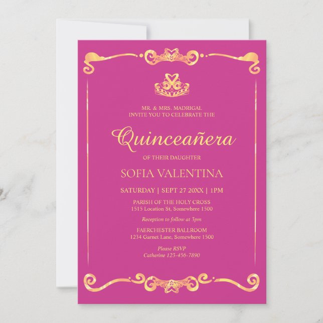 Classic Pink Magenta und Gold Quinceanera Einladung (Vorderseite)