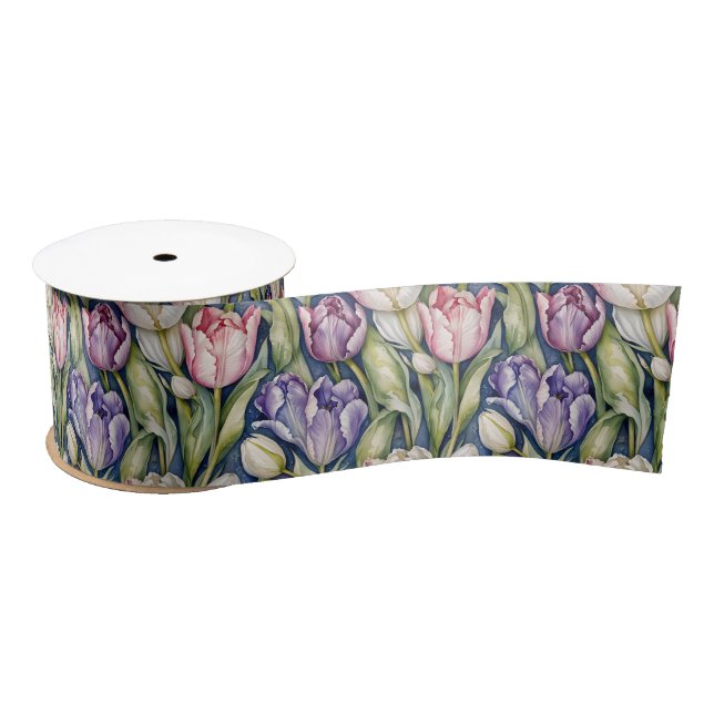 Classic Pink, Purple, Whute Tulips Satinband (Spule)