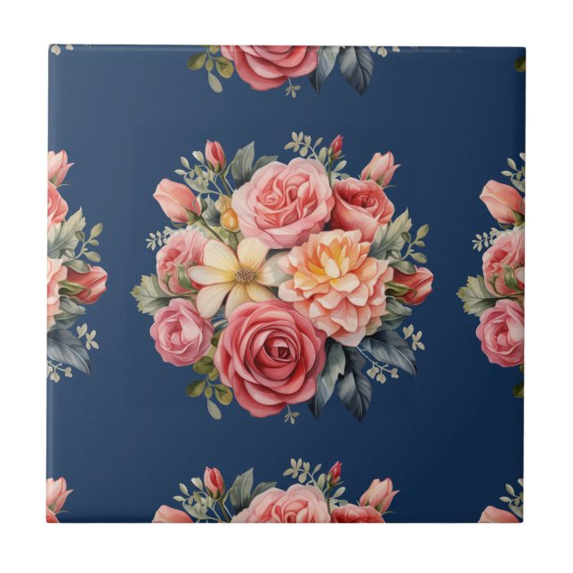 Classic Pink Roses Floral on a Blue Background Fliese (Vorderseite)