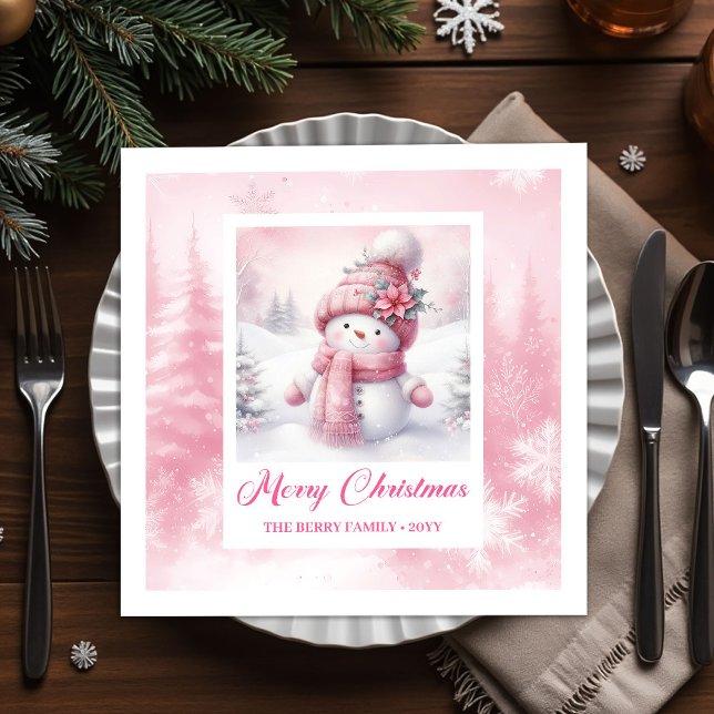 Classic Pink Snowman Christmas Scene Napkins Kids Serviette (Classic Pink Snowman Christmas Scene Napkins Winter Kids)