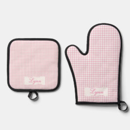 Classic Pink & White Gingham | Personalized Name Ofenhandschuh & Topflappen-Set