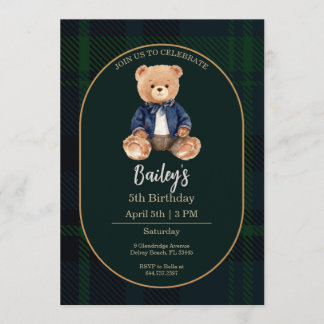 Classic Plaid Little Bear Birthday Invitation Einladung