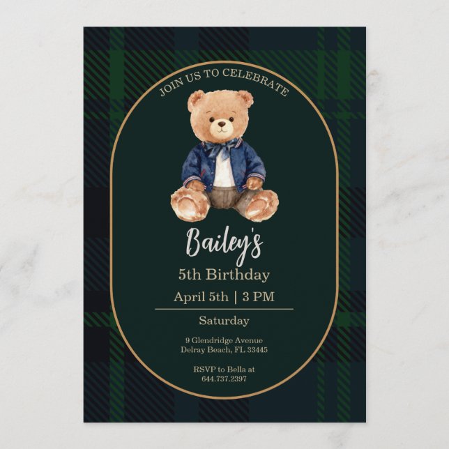 Classic Plaid Little Bear Birthday Invitation Einladung (Vorderseite)