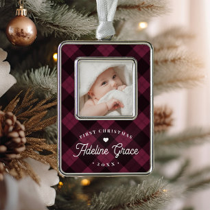 Classic Plum Kariert Baby's First Christmas Foto Rahmen-Ornament Silber