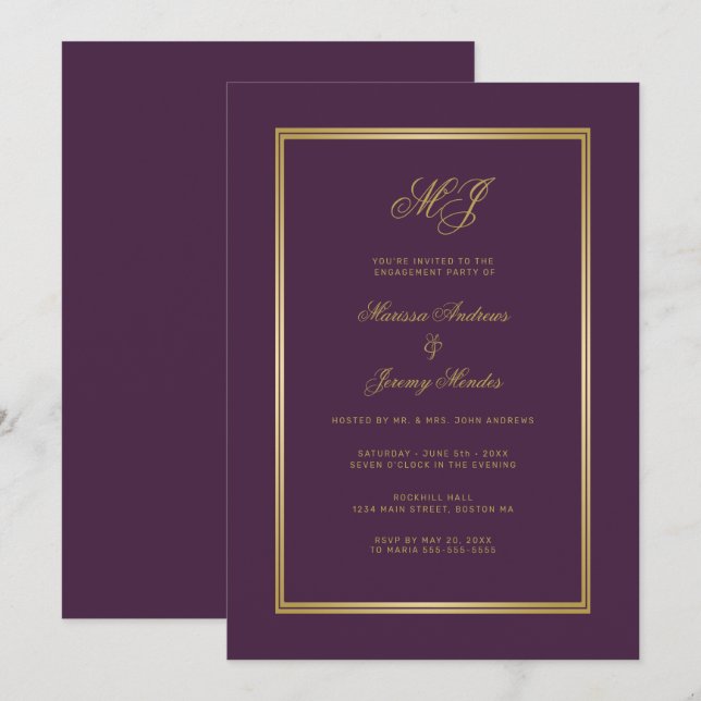 Classic Plum Lila Gold Monogram Engagement Party Einladung (Vorne/Hinten)