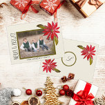 Classic Poinsettia Einfaches Foto Weihnachten<br><div class="desc">Das schöne,  einfache Design auf dieser flachen Urlaubskarte zeigt meine handgemalte Weihnachtspoinsettie und ein olivgrünes Rahmen für Ihr Foto auf einem Haferfloß mit weißem Hintergrund und die Botschaft Ihrer Wahl in einem trendigen,  modernen Schriftart.</div>