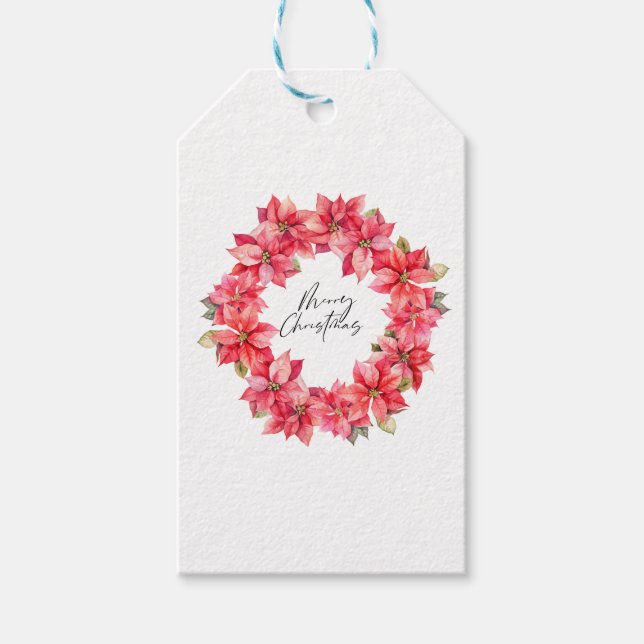 Classic Poinsettia Weihnachtskranz mit Beeren Geschenkanhänger (Vorderseite)