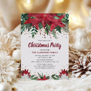 Classic Poinsietta Floral & Gold Weihnachten Party Einladung