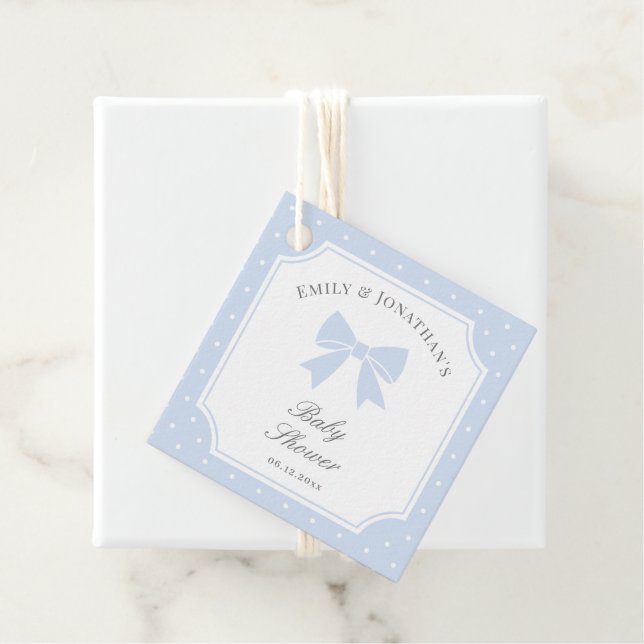 Classic Polka Dots Dusty Blue Bow Boy Baby Dusche Geschenkanhänger (Beispiel)