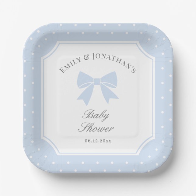 Classic Polka Dots Dusty Blue Bow Boy Baby Dusche Pappteller (Vorderseite)