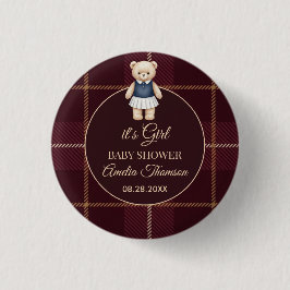 Classic Polo Teddy Bear Preppy Plaid Baby Shower Button