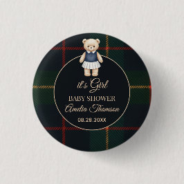Classic Polo Teddy Bear Preppy Plaid Baby Shower Button