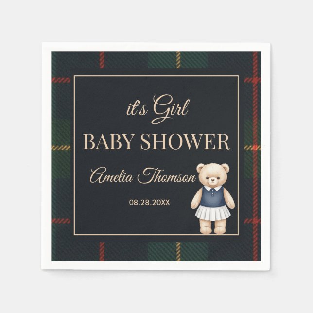 Classic Polo Teddy Bear Preppy Plaid Baby Shower  Serviette (Vorderseite)
