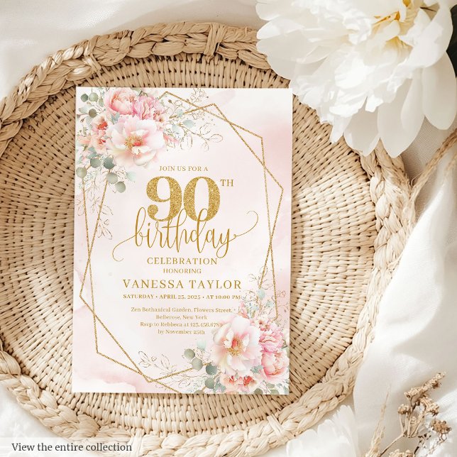 Classic Powder Pink Gold Peonies 90. Geburtstag Einladung (Classic Powder Pink Gold Peonies 90th Birthday Invitation)